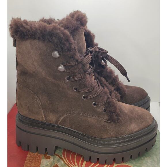 Sam Edelman Womens Kyler Suede Combat Shearling Boot Mocha Brown Size 6.5 - Picture 1 of 14